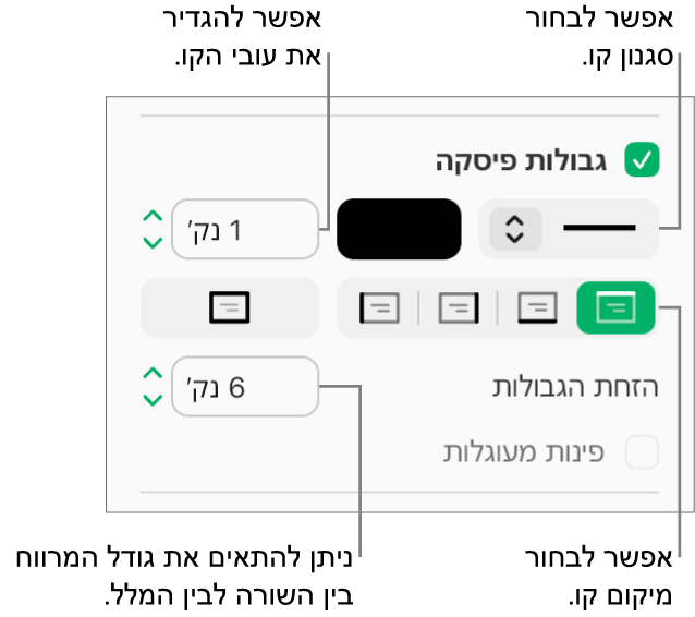 תיבת הסימון ״גבולות פסקה״ נבחרת בכרטיסיה ״פריסה״ בסרגל הצד ״עיצוב״ ופקדים לשינוי הסגנון, הצבע, העובי, המיקום וההיסט של הקו מהמלל מוצגים מתחת לתיבת הסימון.