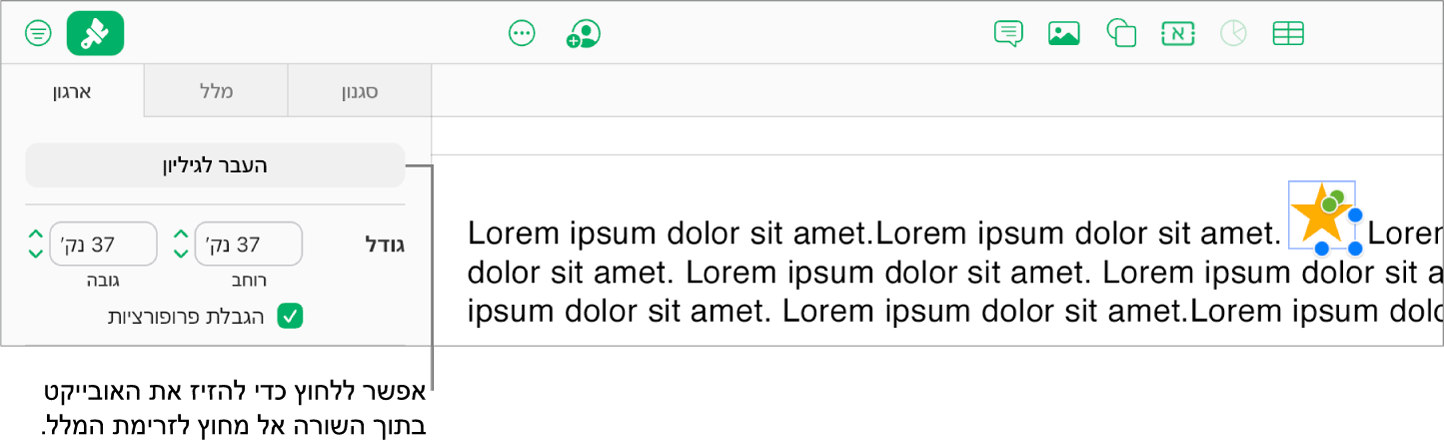 בחירה בתמונה מוטבעת בתוך תיבת מלל, וכפתור ״מעבר לגיליון״ מוצג בלשונית ״ארגן״ בסרגל הצד.