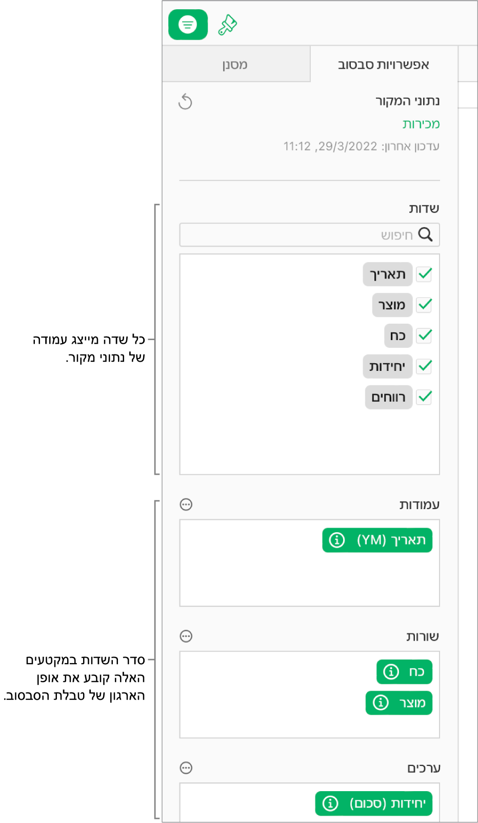 הכרטיסייה ״אפשרויות סבסוב״ בסרגל הצד ״ארגן״ מציגה שדות במקטעים ״עמודות״, ״שורות״ ו״ערכים״. בנוסף מוצגים הכפתורים ״עוד״ ו״פרטים״ שמאפשרים לערוך את השדות ולרענן את טבלת הסבסוב.