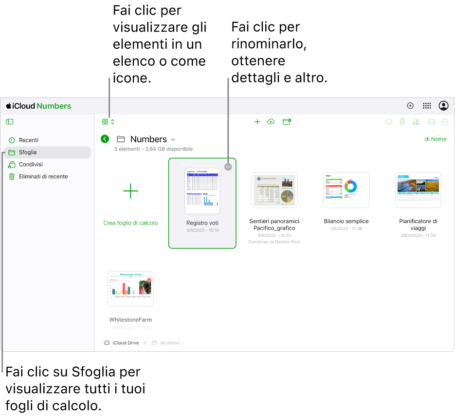 Il gestore documenti nella vista Sfoglia, che mostra i file Numbers come icone in una vista a griglia. Il pulsante Altro (tre punti) è visibile nell’angolo superiore destro del foglio di calcolo selezionato. Sopra i fogli di calcolo, nel lato sinistro della barra strumenti è presente un menu a comparsa in cui si può scegliere di visualizzare gli elementi come icone o in un elenco. Sul lato sinistro della barra strumenti sono presenti i pulsanti per effettuare il download, collaborare, inviare email o eliminare i documenti.