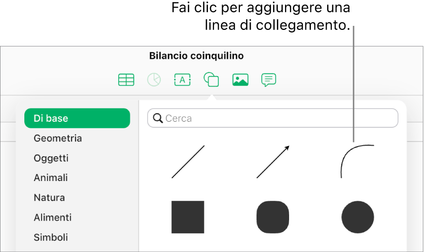 La libreria forme è aperta e l’opzione “Di base” a sinistra è selezionata; a destra sono visibili alcune linee e forme, tra cui una linea curva.