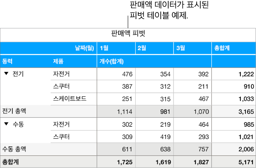 특정 데이터를 공개하는 제어기와 자전거, 스쿠터 및 스케이트보드에 대해 요약된 데이터를 보여 주는 피벗 테이블.