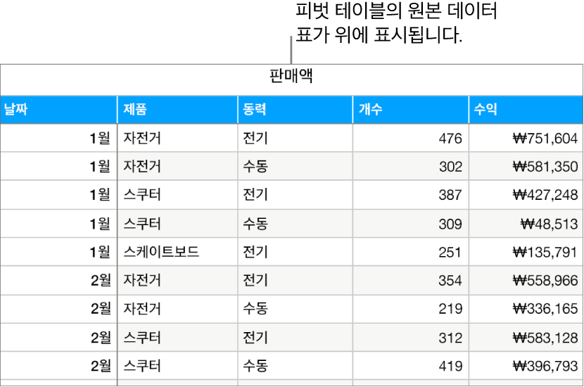 자전거, 스쿠터 및 스케이트보드의 월별 및 제품 유형별(수동 또는 전기) 판매된 수량 및 수익을 보여주는 테이블.