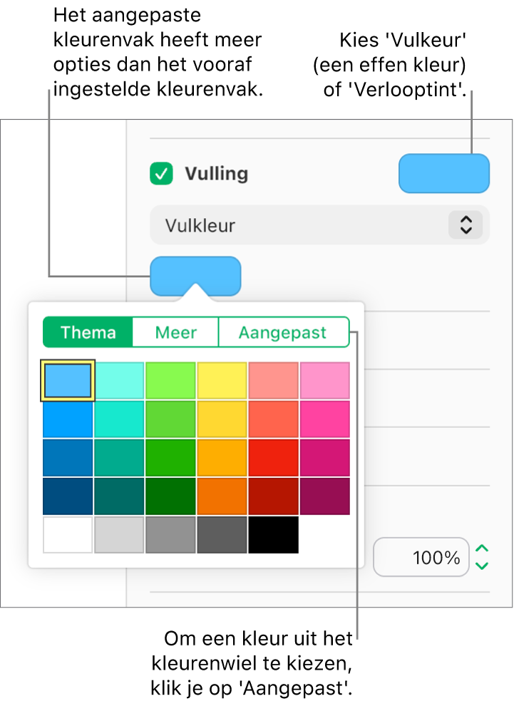 In het pop‑upmenu onder het aankruisvak 'Vulling' is 'Vulkleur' geselecteerd, waardoor het kleurenvak onder het pop‑upmenu meer vulkleuropties weergeeft.