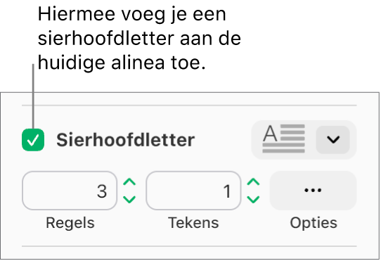 Het aankruisvak 'Sierhoofdletter' is ingeschakeld en rechts ervan staat een pop‑upmenu. Eronder staan regelaars voor het instellen van de regelhoogte, het aantal tekens en andere opties.