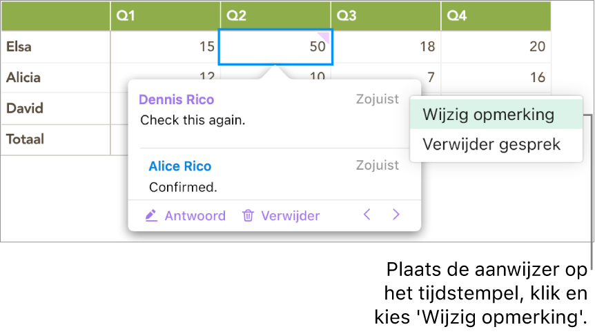 Een opmerking staat open, de aanwijzer staat op het tijdstempel bovenaan en het pop‑upmenu toont twee opties: 'Wijzig opmerking' en 'Verwijder conversatie'.
