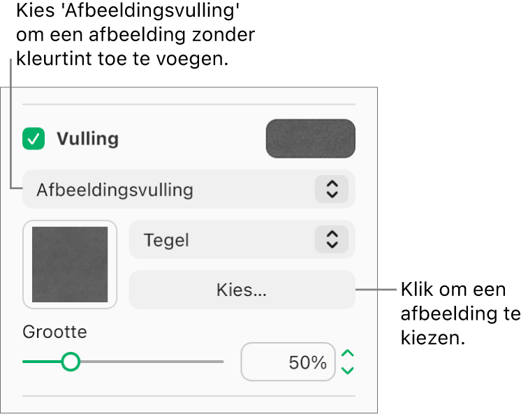 Het aankruisvak 'Vulling' is geselecteerd in de navigatiekolom en 'Afbeeldingsvulling' is gekozen in het pop‑upmenu onder het aankruisvak. Onder het pop‑upmenu staan regelaars voor het kiezen van een afbeelding, hoe deze het object vult en de schaal van de afbeelding. Er wordt een voorbeeld van de afbeeldingsvulling weergegeven in het vierkant (nadat je een afbeelding hebt geselecteerd).