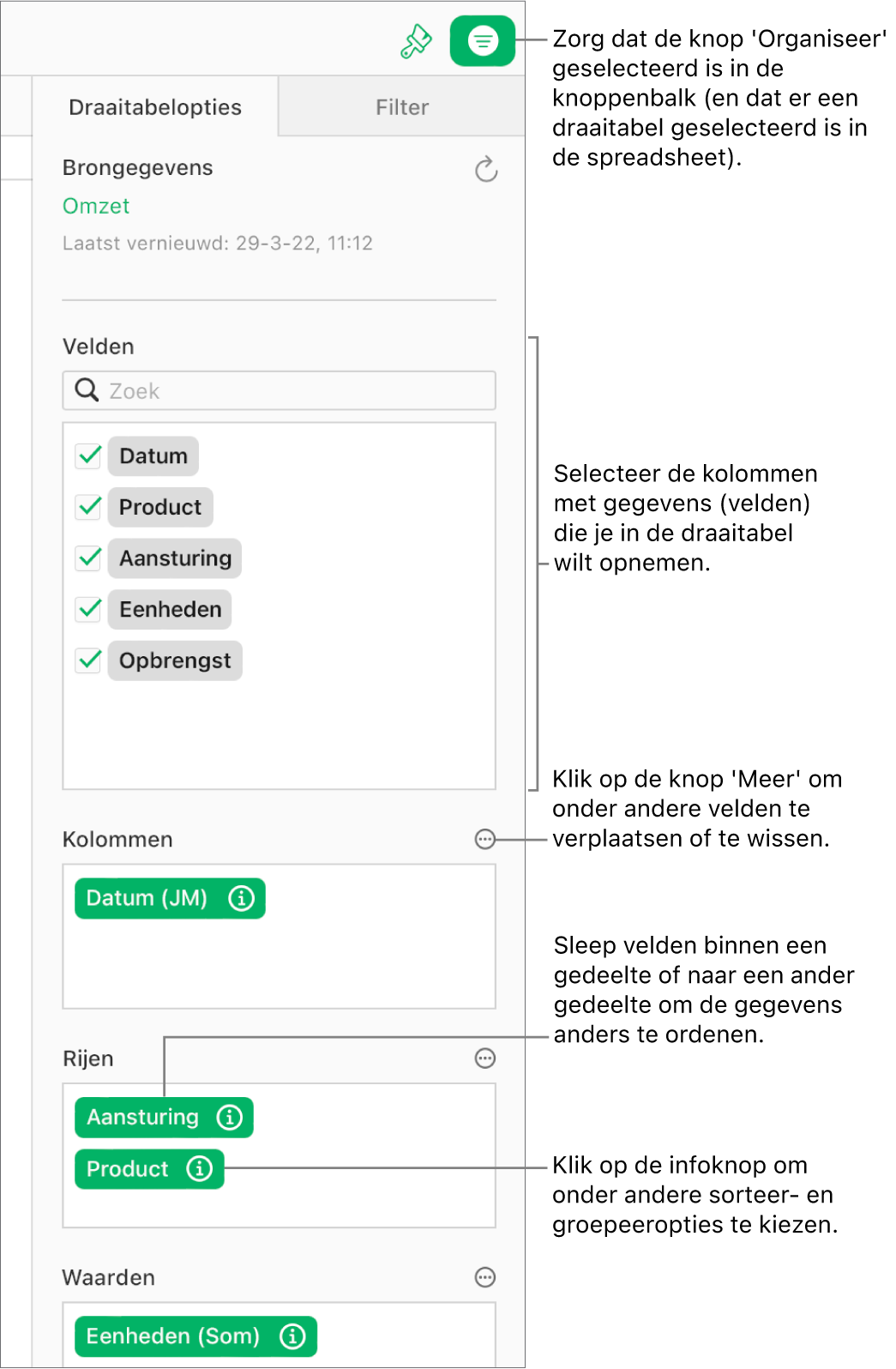 Het tabblad 'Draaitabelopties' in de navigatiekolom 'Organiseer' toont velden in de secties 'Kolommen', 'Rijen' en 'Waarden', evenals de knoppen 'Info' en 'Meer' om de velden te bewerken en de draaitabel te vernieuwen.