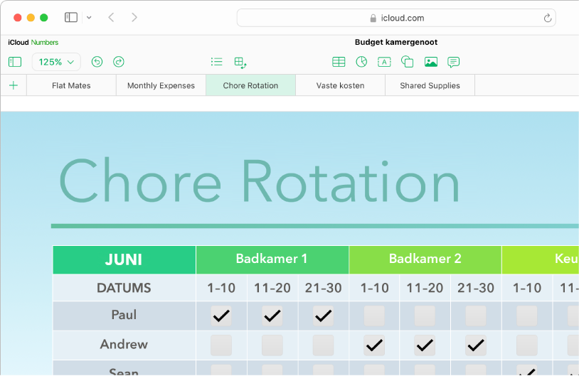 Het bovenste gedeelte links van een spreadsheet toont vijf werkbladtabs; het werkblad 'Chore Rotation' (corveerooster) is geselecteerd en een tabel met informatie over de klusjes wordt weergegeven op het werkblad.