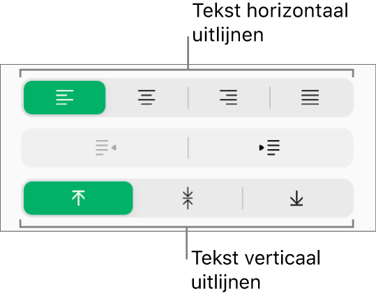 De knoppen voor het horizontaal of verticaal uitlijnen van tekst in de navigatiekolom 'Opmaak'.