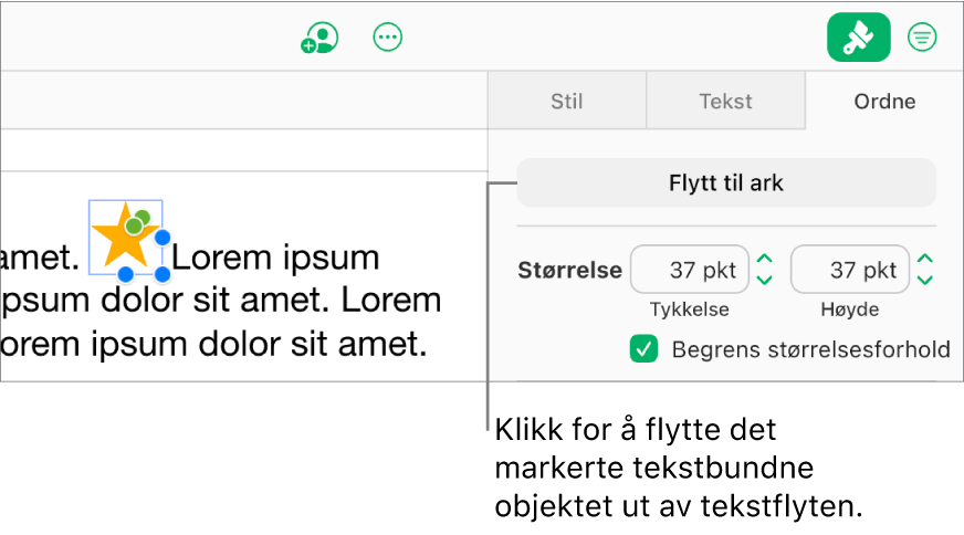 Et tekstbundet bilde i en tekstrute er markert, og Flytt til regneark-knappen vises på Ordne-fanen i sidepanelet.