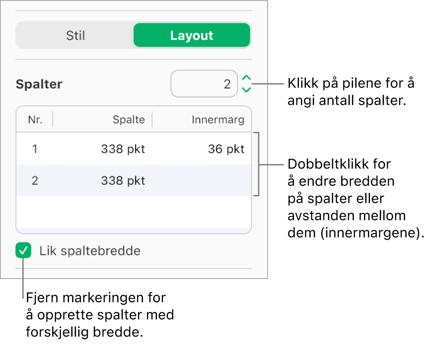 Kontrollene for tekstkolonner på Layout-fanen i Format-sidepanelet.