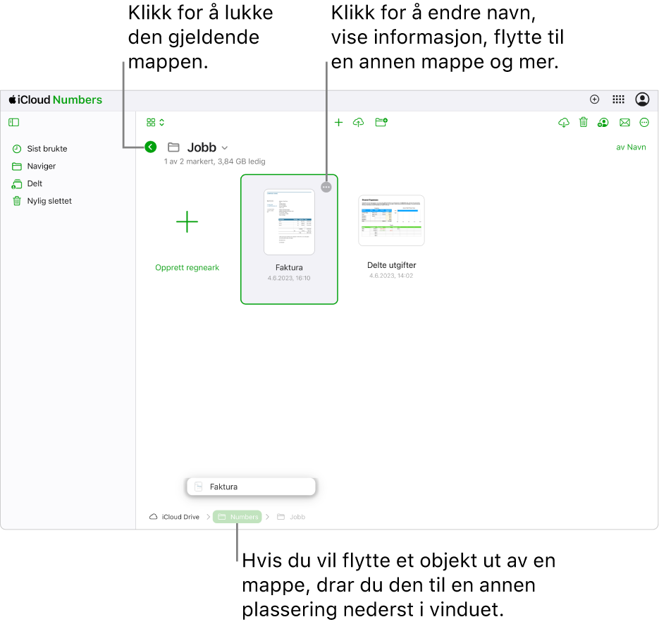Dokumentorganisereren i navigeringsvisning, som viser et regneark som flyttes fra en mappe til en ny plassering (Numbers-mappen) nederst i vinduet. Under verktøylinjen vises Tilbake-knappen til venstre for navnet på gjeldende mappe (Work).