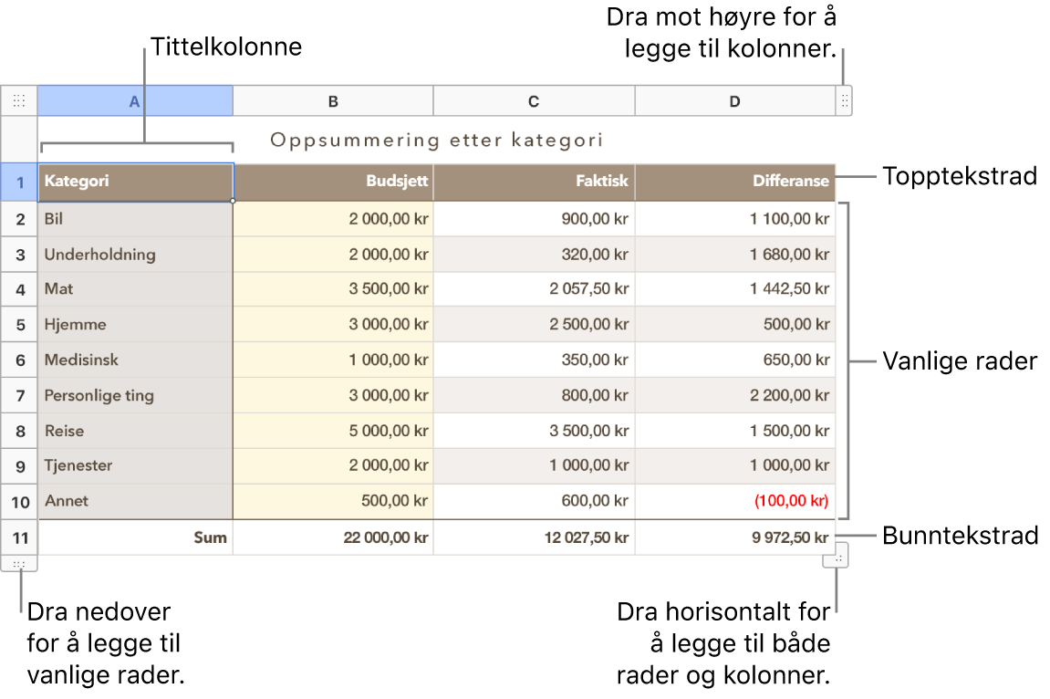 En tabell som viser tittel-, brødtekst-, og bunnrader og -kolonner samt håndtak for å legge til eller slette rader eller kolonner.