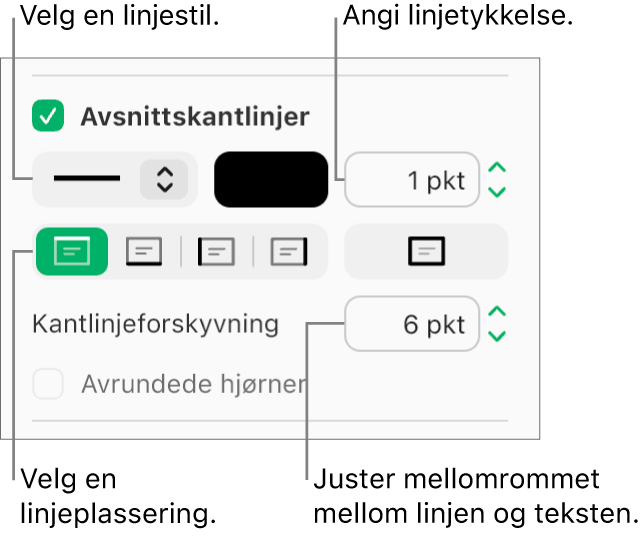 Det er krysset av i Avsnittskantlinjer-ruten i Layout-fanen i Format-sidepanelet. Kontroller for å endre stil, farge, bredde, plassering og forskyvning for linjen vises under avkrysningsruten.