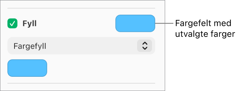 Det er krysset av i Fyll-ruten i sidepanelet, og det forhåndsinnstilte fargefeltet til høyre for avkrysningsruten er fylt med lilla. Fargefyll er markert i en lokalmeny under avkrysningsruten.