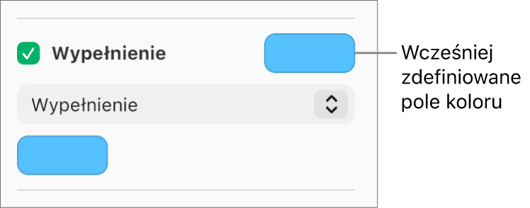 Pole wyboru Wypełnienie jest zaznaczone na pasku bocznym, a wstępnie ustawione pole koloru z prawej strony pola wyboru jest wypełnione kolorem purpurowym. W menu podręcznym pod polem wyboru wybrana jest opcja Wypełnienie kolorem.