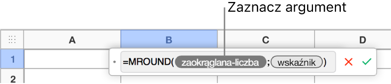 Edytor formuł z wprowadzoną formułą SUMA z opisem tokena argumentu wartości.