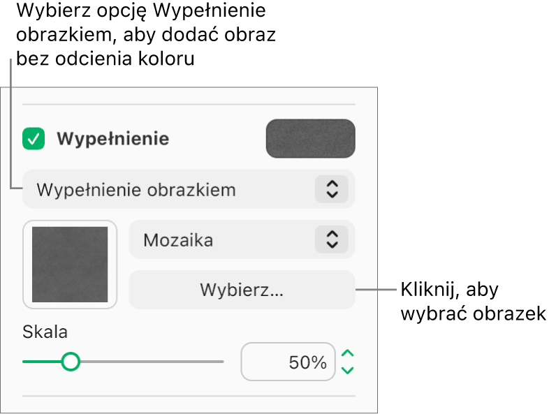 Na pasku bocznym zaznaczone jest pole wyboru Wypełnienie, a z menu podręcznego poniżej pola tekstowego wybrana jest opcja Wypełnienie obrazkiem. Pod menu podręcznym są wyświetlane opcje umożliwiające wybranie obrazka, sposobu wypełniania obiektu oraz skali obrazka. Podgląd obrazka pojawia się w kwadracie (po wybraniu obrazka).