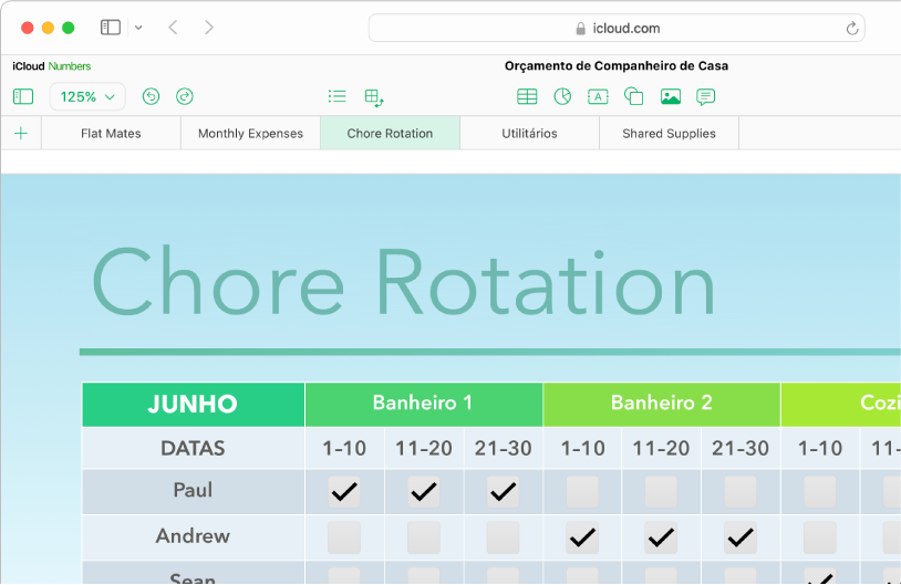 A parte superior esquerda de uma planilha mostra cinco abas de folhas; a aba Rotação de Tarefas está selecionada e uma tabela com informações de tarefas aparece na folha.