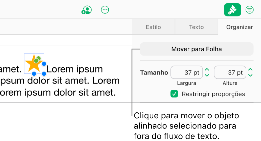 Uma imagem alinhada dentro de uma caixa de texto está selecionada e o botão “Mover para a Folha” está visível na aba Organizar na barra lateral.