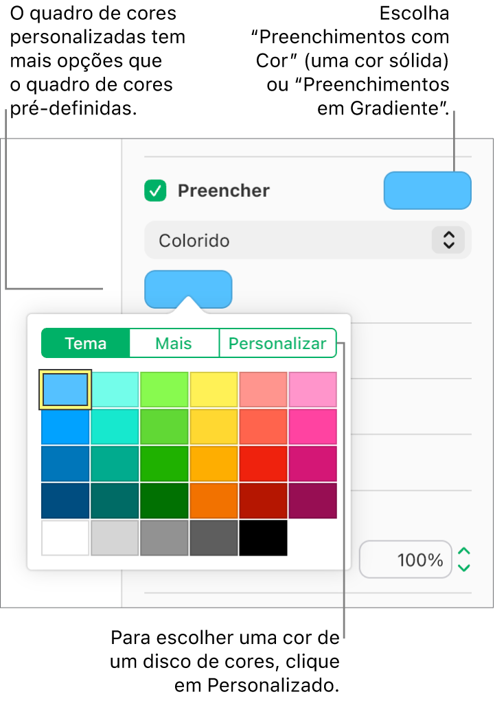 Colorido está selecionado no menu pop-up abaixo da caixa de seleção Preenchimento, e o seletor de cores abaixo do menu pop-up mostra opções adicionais de preenchimento de cor.
