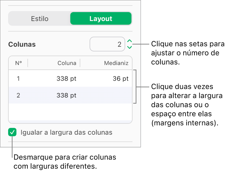 Os controles de coluna de texto no painel Layout da barra lateral Formatar.