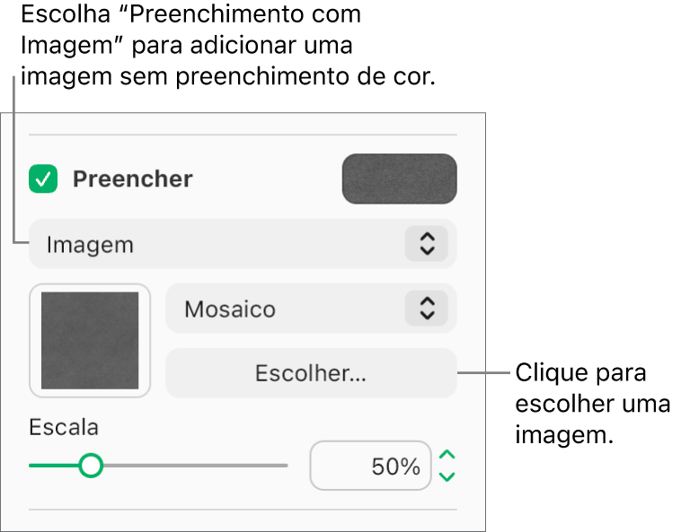 A caixa de seleção Preenchimento é marcada na barra lateral e o Preenchimento de imagem é escolhido no menu pop-up abaixo da caixa de seleção. Controles para escolher a imagem, como ela preenche o objeto e a escala dela são exibidos abaixo do menu pop-up. Uma pré-visualização do preenchimento com imagem aparece no quadrado (depois que uma imagem é escolhida).