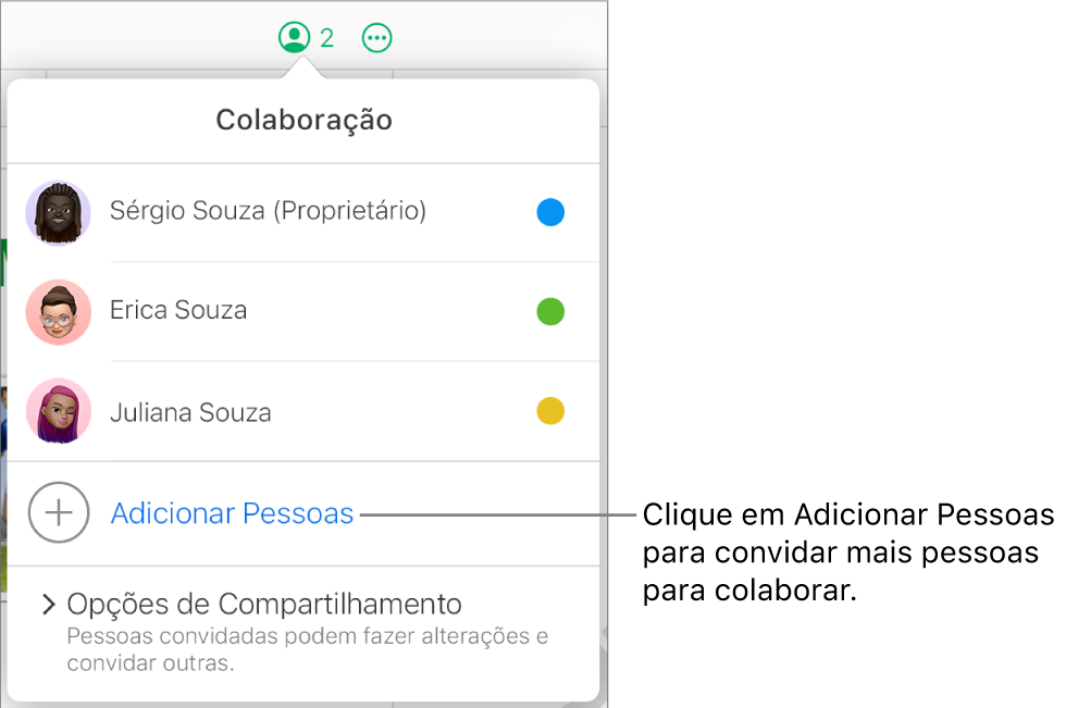 O menu Colaboração aberto, com a opção Adicionar Pessoas abaixo da lista de participantes.