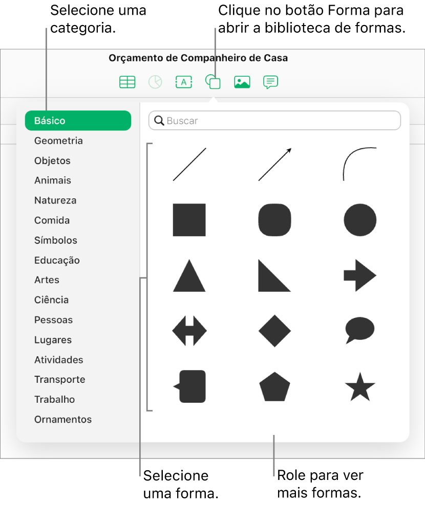 A biblioteca de formas está aberta abaixo do botão Forma na barra de ferramentas. A categoria Básica é selecionada à esquerda, e algumas formas comuns (incluindo círculos, quadrados e linhas) são exibidas à direita.