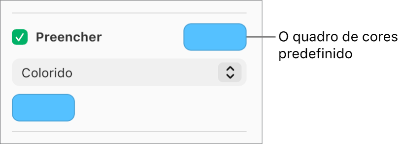 A caixa de seleção Preenchimento está marcada na barra lateral, e o seletor de cores predefinidas à direita da caixa de seleção está preenchido com a cor roxa. Abaixo da caixa de seleção, Colorido está escolhido em um menu pop-up.