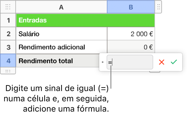 O Editor de fórmulas está aberto com = e nenhuma fórmula introduzida.