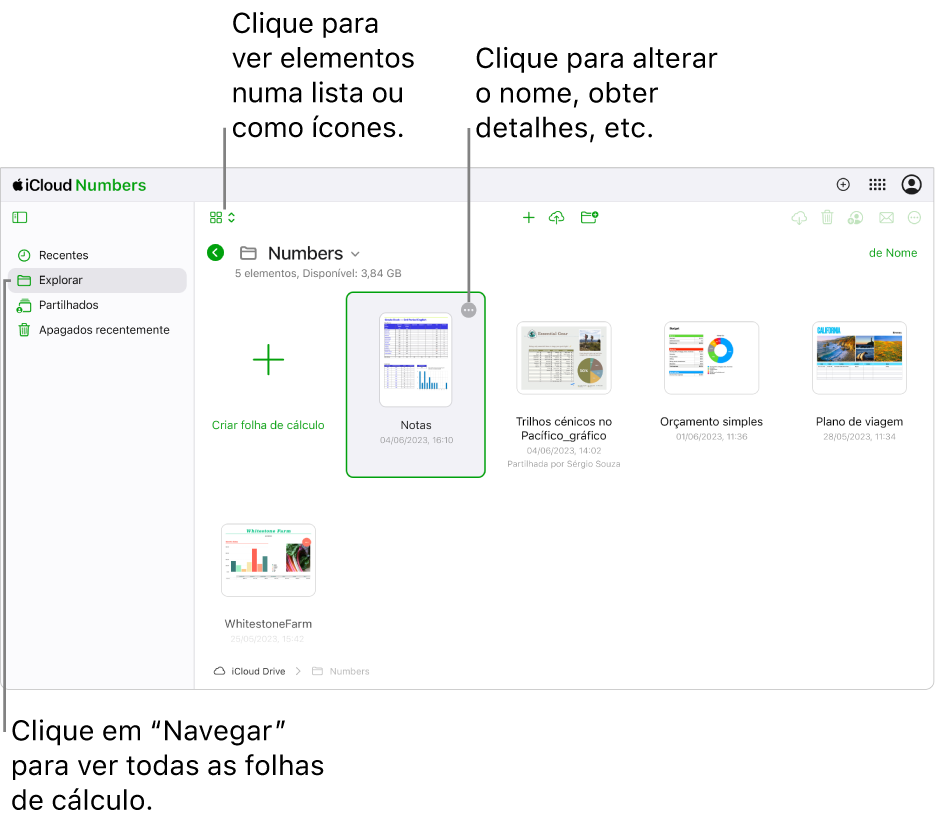 O gestor de documentos na vista de navegação, a mostrar documentos do Numbers como ícones numa grelha. O botão "Mais” (três pontos) é visível no canto superior direito da folha de cálculo. Por cima das folhas de cálculo, o lado esquerdo da barra de ferramentas tem um menu pop-up onde pode optar por ver os elementos como ícones ou numa lista. Do lado direito da barra de ferramentas estão os botões para descarregar, colaborar, enviar por e-mail ou apagar.