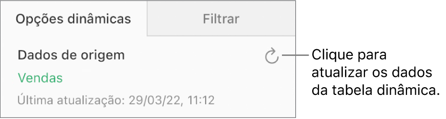O separador “Opções dinâmicas” a mostrar o botão "Atualizar” na parte superior direita.