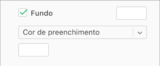 A opção "Fundo” está assinalada na barra lateral e a paleta de cores predefinida, à direita da opção assinalável, está preenchida a branco. Sob a opção assinalável, a opção “Preenchimento de cor” está selecionada no menu pop-up e, por baixo, a paleta de cores personalizada está preenchida a branco.