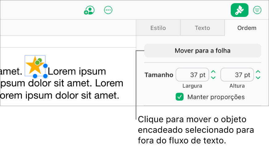 Uma imagem incorporada na caixa de texto está selecionada e o botão “Mover para a folha” está visível no separador “Ordem” na barra lateral.