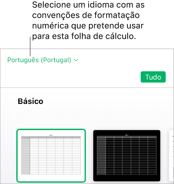 O menu pop-up no canto superior esquerdo da lista de modelos com inglês (Estados Unidos) selecionado.