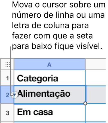 Um número de linha está selecionado na tabela e é apresentada uma seta para baixo, à direita.