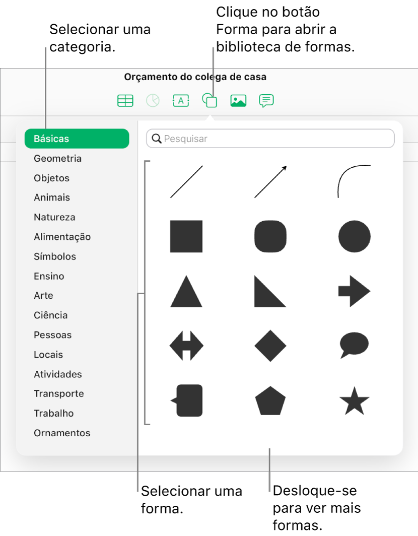 A biblioteca de formas está aberta na parte inferior do botão "Forma” na barra de ferramentas. A categoria "Básico” está selecionada à esquerda e algumas formas comuns (incluindo círculos, quadrados e linhas) são apresentados à direita.
