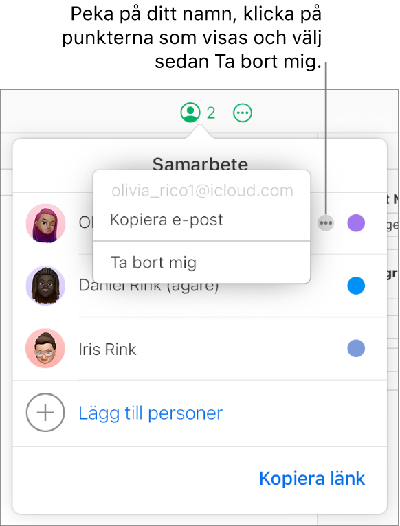 Menyn Samarbete är öppen, merknappen till höger om den första deltagaren har klickats och alternativet Ta bort mig är tillgängligt.