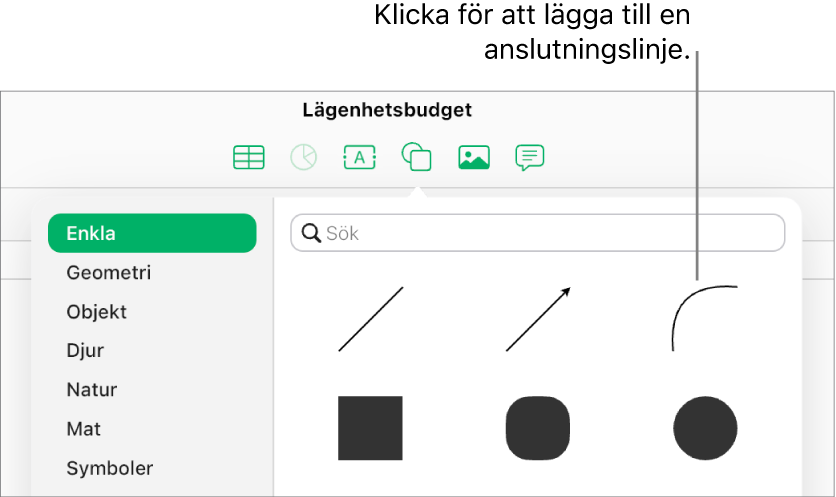 Formbiblioteket är öppet, Enkla är markerat till vänster och ett antal linjer och former, däribland en böjd linje, visas till höger.