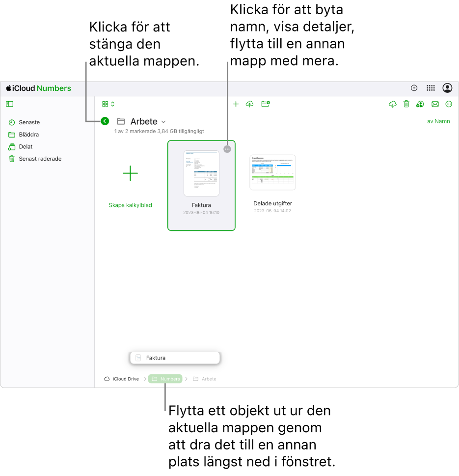 Dokumenthanteraren i bläddringsvyn, med ett kalkylblad som dras till en ny plats (Numbers-mappen) längst ned i fönstret. Under verktygsfältet finns en tillbakaknapp till vänster om den aktuella mappens namn (Arbete).