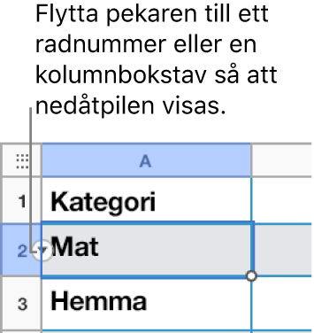 Ett radnummer är valt i en tabell och en nedåtpil visas till höger.