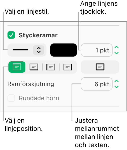 Kryssrutan Styckeramar är markerad på fliken Layout i formatsidofältet, och reglage för att ändra linjestil, färg. tjocklek, placering och förskjutning på linjen visas under kryssrutan.