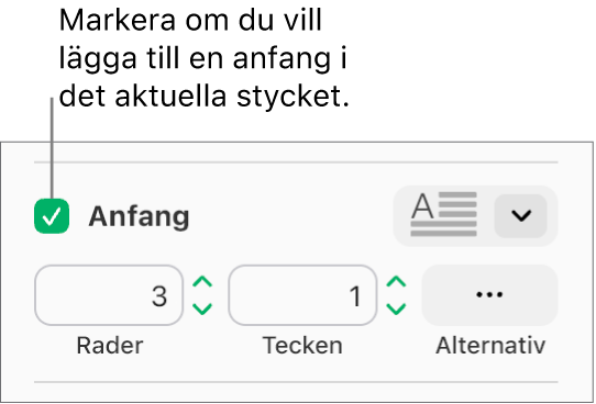 Kryssrutan Anfang är markerad och en popupmeny visas till höger om den, reglage för att ange radavstånd, antal tecken och andra alternativ visas under den.