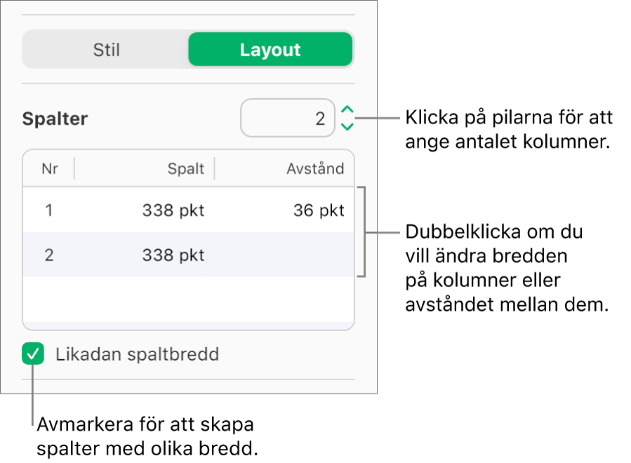 Textkolumnsreglagen i Layout-panelen i sidofältet Format.