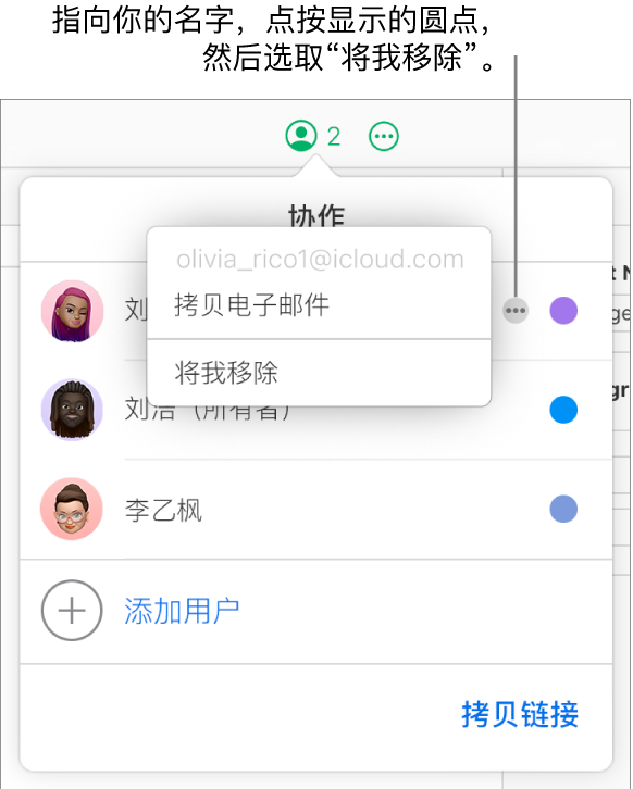 “协作”菜单已打开，第一位参与者右侧的“更多”按钮已点按，且“将我移除”选项可用。