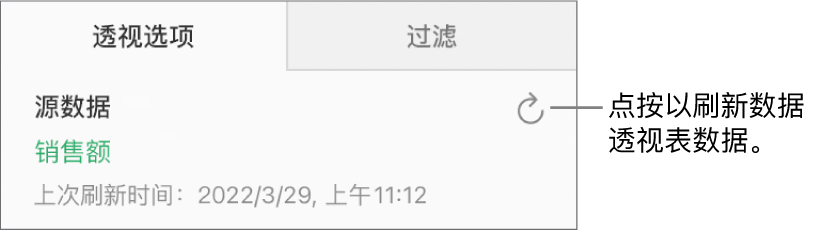 在“透视选项”标签中，“刷新”按钮显示在右上方。