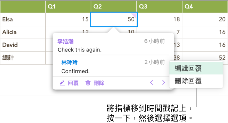 有一則回覆的註解，將指標移至時間戳記上以回覆；彈出式選單顯示兩個選項：「編輯回覆」和「刪除回覆」。