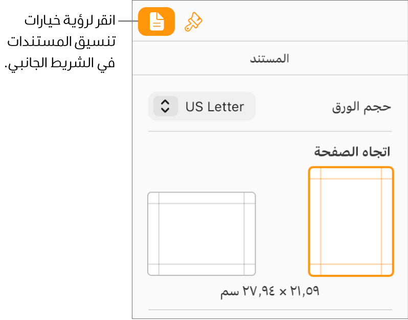 يتم تحديد الزر "مستند" في شريط الأدوات، وتظهر عناصر التحكم الخاصة بتغيير حجم الورق واتجاهها في علامة التبويب "مستند" في الشريط الجانبي.